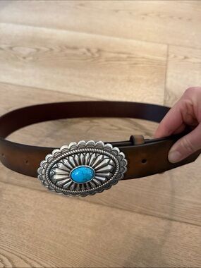 Ariat Brown Leather Western Belt with Silver & Turquoise Concho